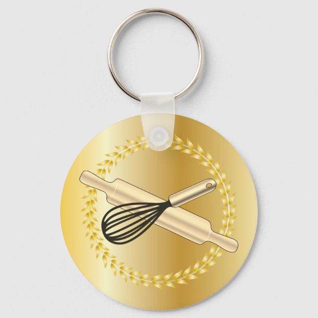 Whisk & Rolling Pin Baking Lover's Gold Laurel Key Ring (Front)