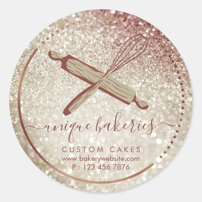 Whisk Rolling Pin Girly Bakery Branding cute Classic Round Sticker (Front)