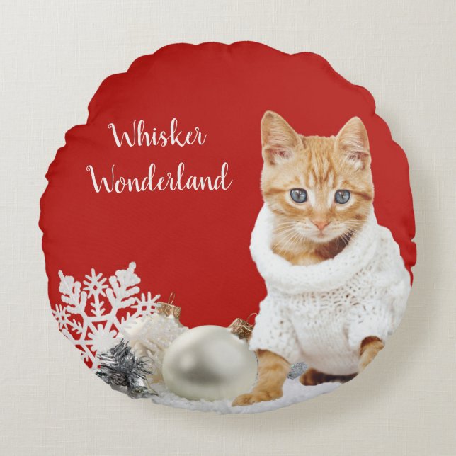 Whisker Wonderland Red Cat Round Throw Pillow (Front)