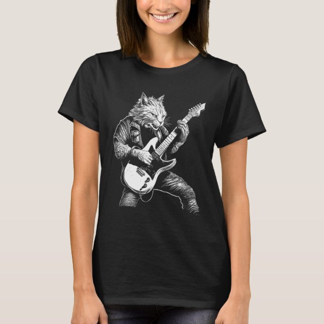 Whiskered Rockstar Cat Shredding the Strings T-Shirt (Front)