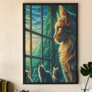 Whiskered Trio at Window Poster