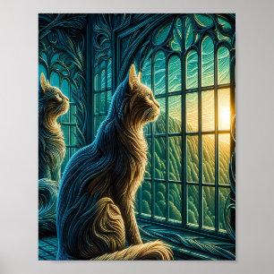Whiskered Watchers by the Window Poster