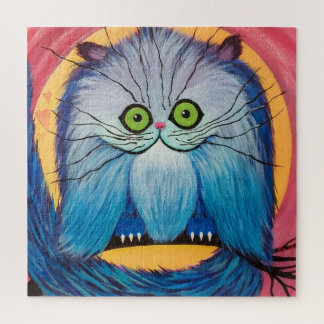 Whiskered Wonder – Bright Blue Fantasy Cat Jigsaw Puzzle