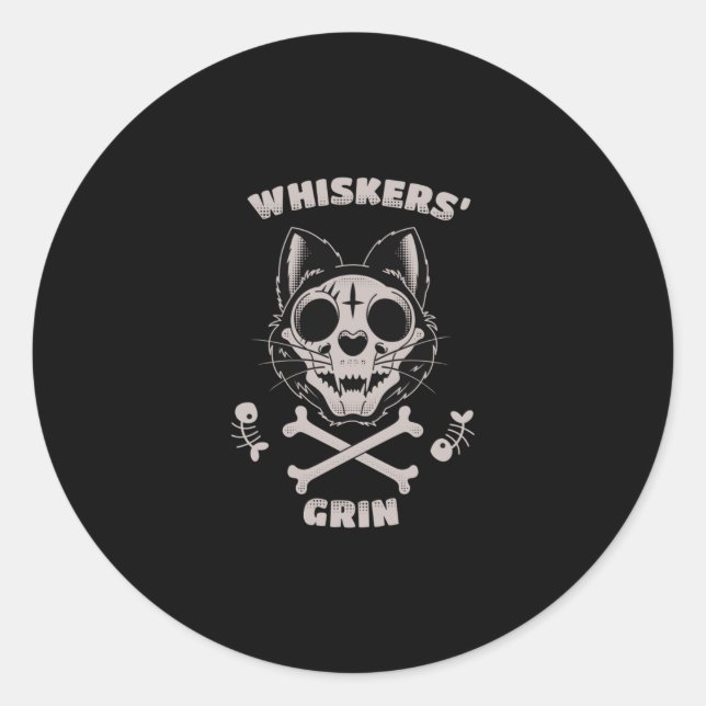 Whiskers Grin Cat Fishbone Art Sticker  (Front)