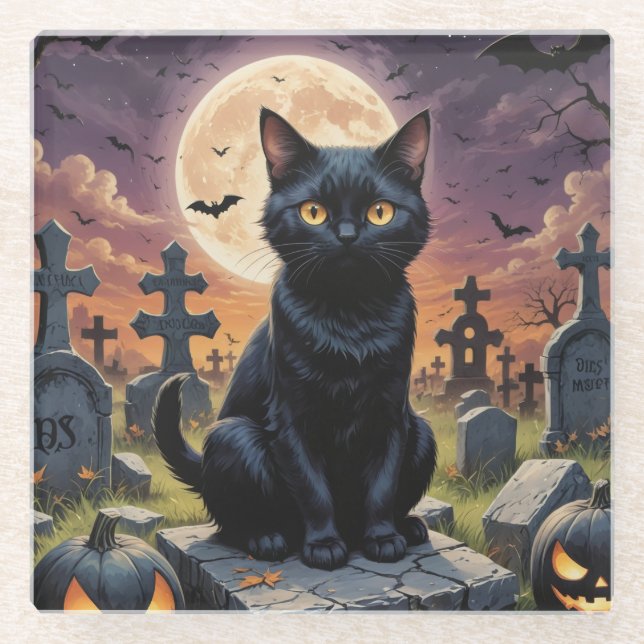 Whiskers of the Witching Hour - Black Cat Glass Coaster (Front)