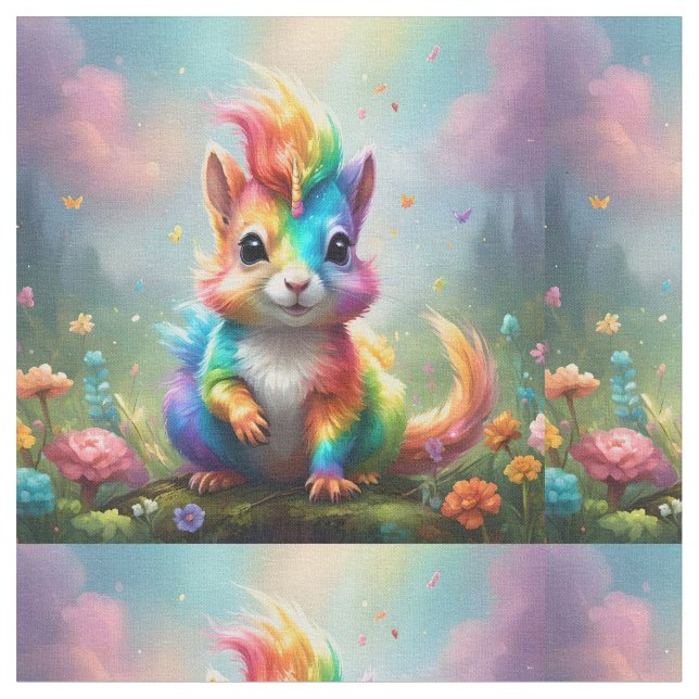 Whiskers of Wonder: The Rainbow Unicorn Squirrel  Fabric (Close Up)