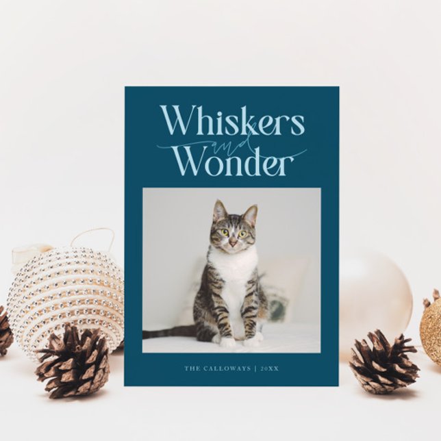 Whiskers & Wonder Cat Photo Teal Christmas Holiday Card (Creator Uploaded)