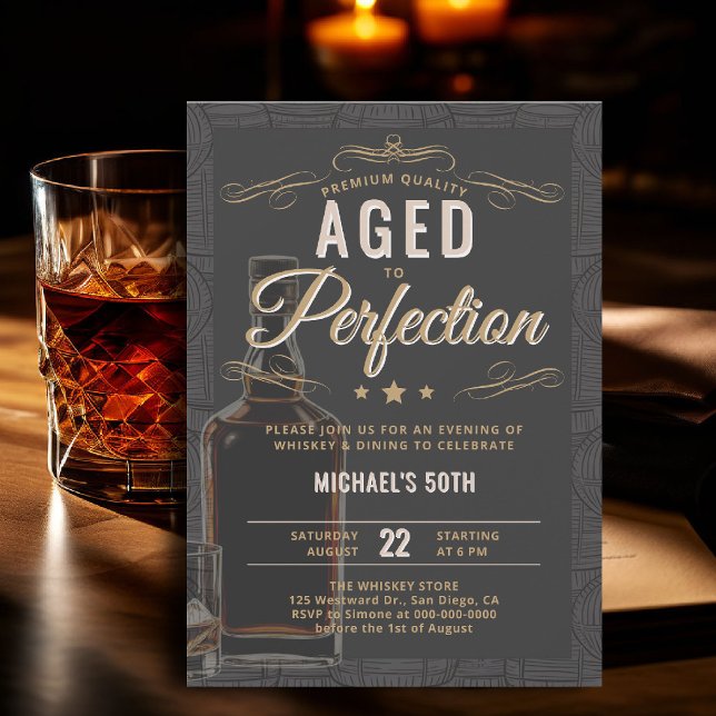 Whiskey Aged Perfection Typography 50th Birthday Invitation (whiskey birthday invitation for him 50th bourbon aged to perfection black gold template card)