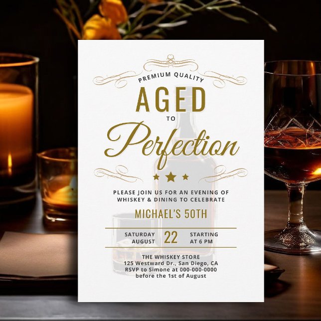 Whiskey Aged to Perfection Dinner 50th Birthday Invitation (whiskey birthday party invitation for him 50th bourbon aged to perfection gold white template card)