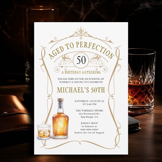 Whiskey Aged to Perfection Rustic 50th Birthday Invitation (birthday party invitation for men 50th whiskey bourbon aged to perfection rustic western template)