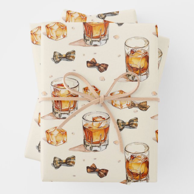 Whiskey and bow ties design wrapping paper sheet (In situ)