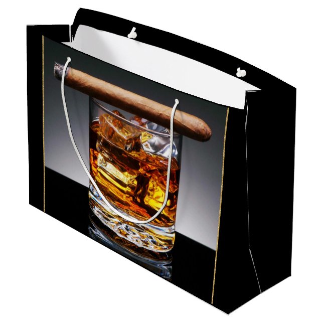 Whiskey and Cigar Mans Black Gold Classy Large Gift Bag (Back Angled)
