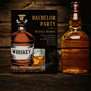 Whiskey and Cigars Black Bachelor Party Invitation