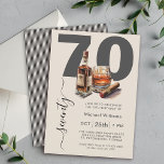 Whiskey and Cigars Masculine 70th Birthday Party Invitation<br><div class="desc">A masculine 70th birthday party invitation to prepare your guests for a memorable party, this custom design features bold lettering with the age 70 along with handwritten script spelling out seventy along the side. A whiskey bottle, poured glass, and cigar graphic add to the festive party mood of this unique...</div>