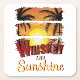 Whiskey and Sunshine, Vintage Summer Sunset Square Paper Coaster