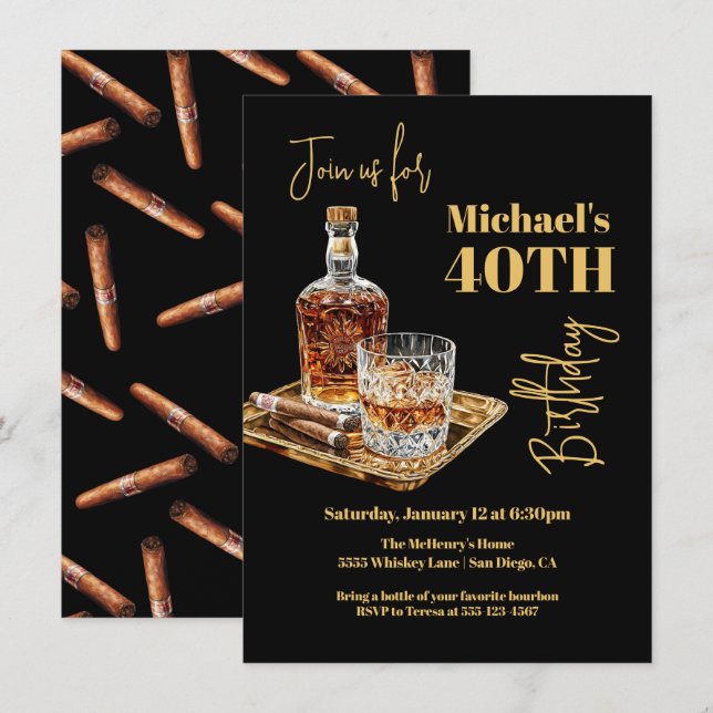 Whiskey Bourbon and Cigar Birthday gold tray Invitation (Front/Back)