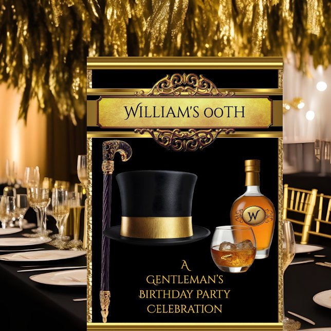 Whiskey Gentlemen Elegant Gold Black Birthday  Invitation (Creator Uploaded)