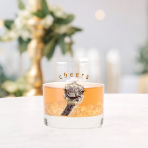 Whiskey Glass with Happy Ostrich - Cheers Text