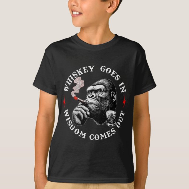 Whiskey Goes In Wisdom Comes Out Funny Monkey (on  T-Shirt (Front)