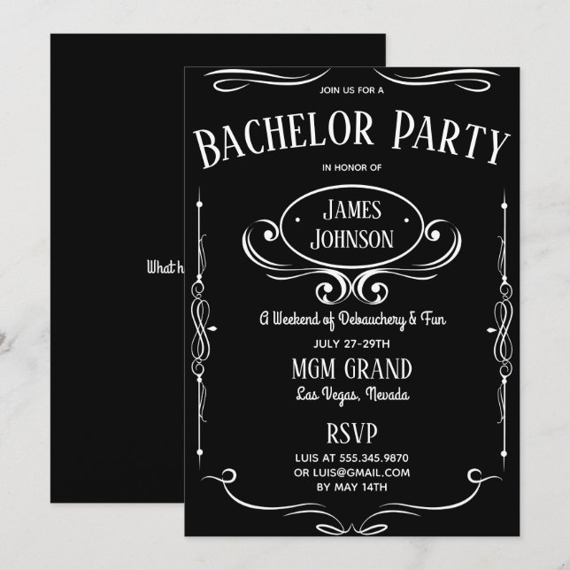 Whiskey Label Bachelor (ette) Party Invitation (Front/Back)