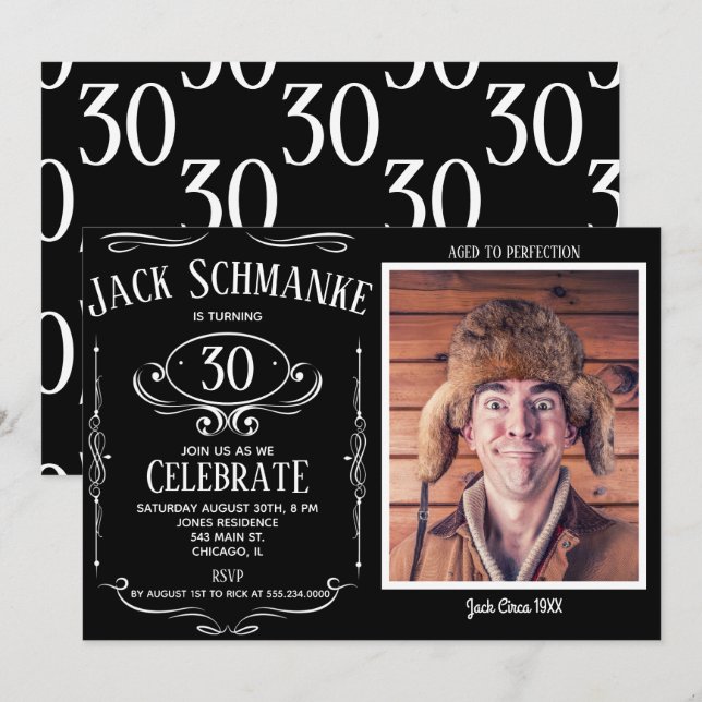 Whiskey Label OTH Photo Birthday Party Invitation (Front/Back)