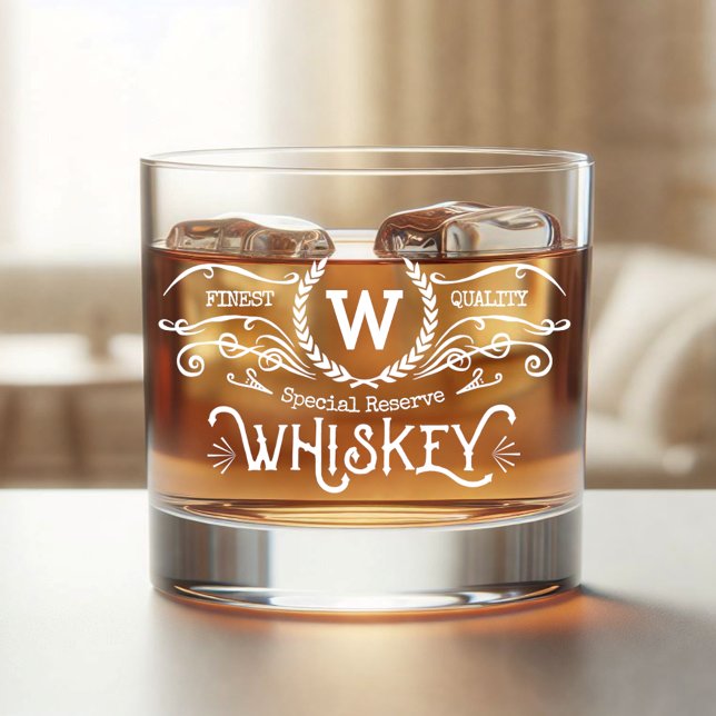 Whiskey Personalised Monogram Vintage Look White Whiskey Glass (Creator Uploaded)
