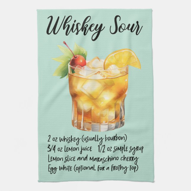 Whiskey Sour Cocktail Recipe Tea Towel (Vertical)