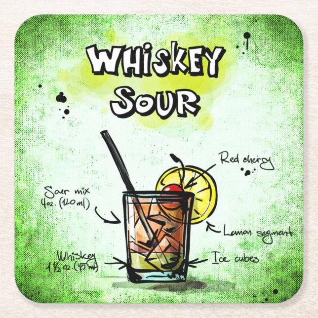 Whiskey Sour Drink Recipe Square Paper Coaster (Front)