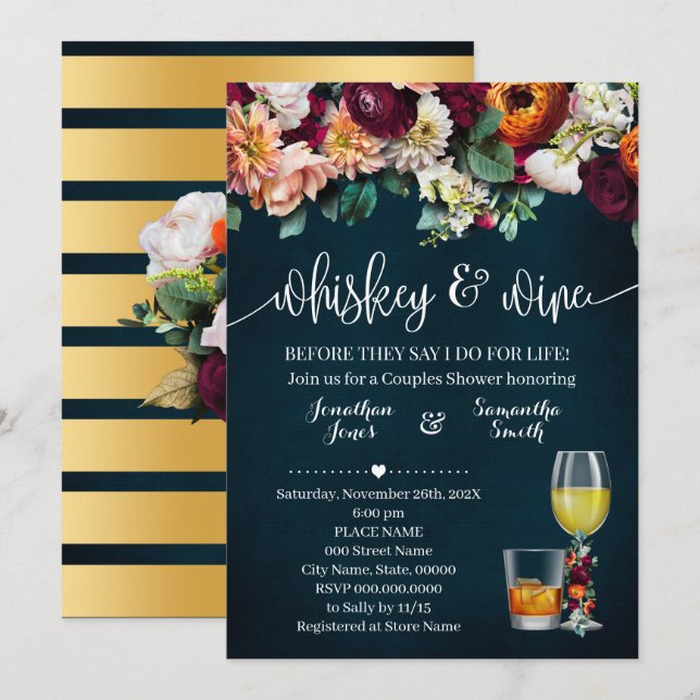 Whiskey & Wine Flowers Couples Shower Wedding Invitation (Front/Back)