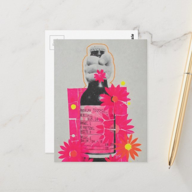 Whisky Bottle Mixed Media Collage AI Art Postcard (Front/Back In Situ)