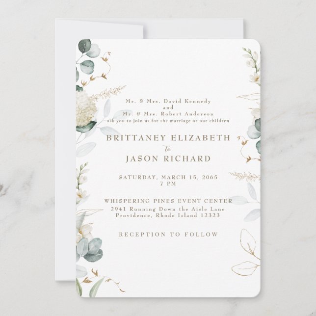 Whispering Elegance Botanical White Wedding Invitation (Front)