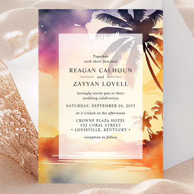 Whispering Palms Sunset Watercolor Wedding Invitation (Creator Uploaded)
