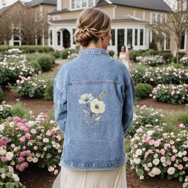 Whispering Petals: Soft Blue & Cream Bloom Denim Jacket (Wedding Back)