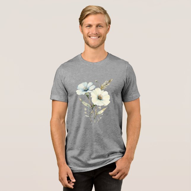 Whispering Petals: Soft Blue & Cream Bloom Tri-Blend Shirt (Front Full)