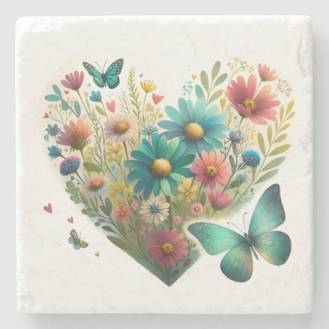 Whispering Wildflower Butterflies Botanical Stone Coaster (Front)