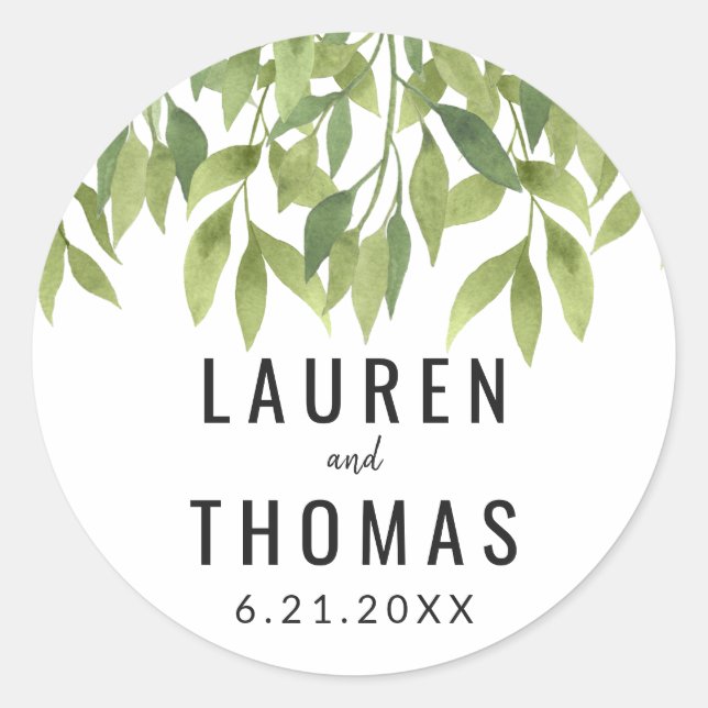 Whispering Willows Watercolor Greenery Wedding Classic Round Sticker (Front)