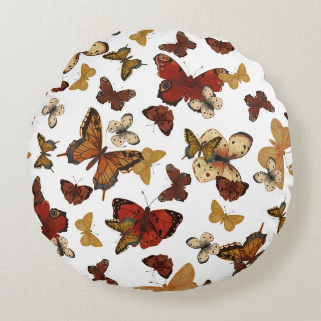 Whispering Wings – Butterflies on White Round Cushion (Front)