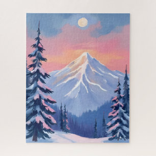 Whispering Winter Peaks Mountain Pastel Pink Sky Jigsaw Puzzle