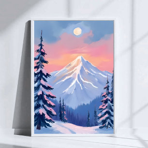 Whispering Winter Peaks Mountain Pastel Pink Sky Poster