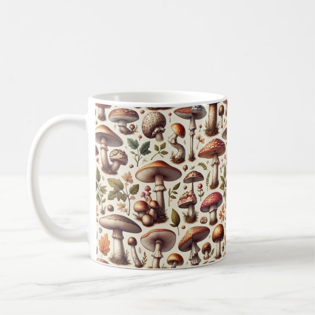 Whispering Woods: Seamless Mushroom Pattern Collec Coffee Mug (Left)