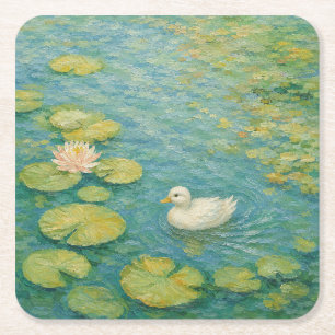 Whispers by the Lily Pond – Little White Duck Square Paper Coaster
