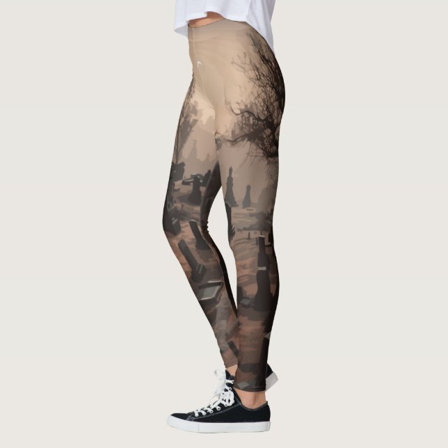 Whispers in the Dark: Terrifying Cemetery Ambience Leggings (Left)
