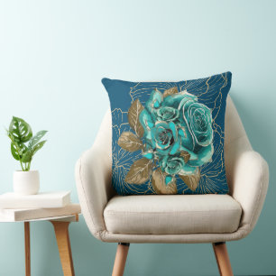 Whispers of Elegance: Teal and Gold Throw Pillow