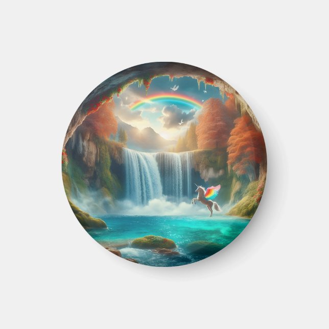 Whispers of Fantasy: Unicorn's Cascade in Autumn Magnet (Front)