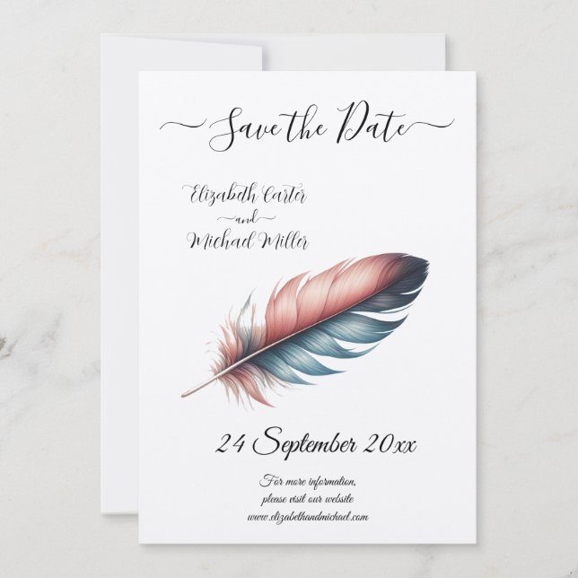 Whispers of Grace Feathered Elegance Minimalism Save The Date (Front)
