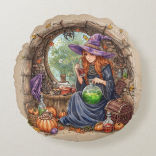 Whispers of Magic, Beautiful Witch and Her Potion Round Cushion