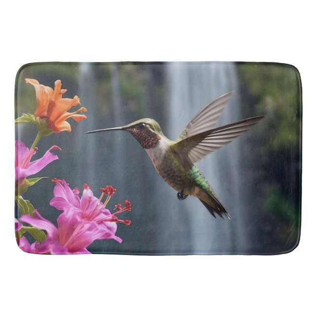 "Whispers of Nature: Hummingbird, Waterfall Bath Mat (Front)