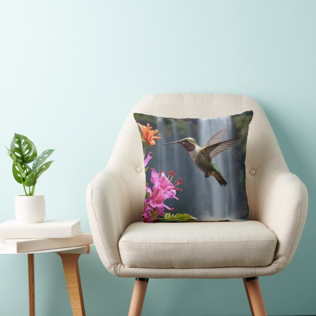 "Whispers of Nature: Hummingbird, Waterfall Cushion (Chair)