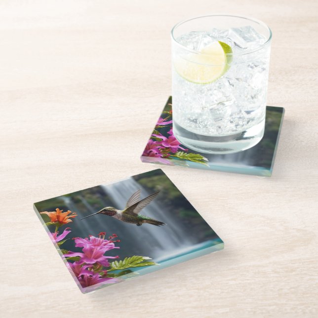 "Whispers of Nature: Hummingbird, Waterfall Glass Coaster (Angled)