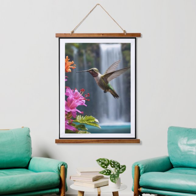 "Whispers of Nature: Hummingbird, Waterfall Hanging Tapestry (Living Room)